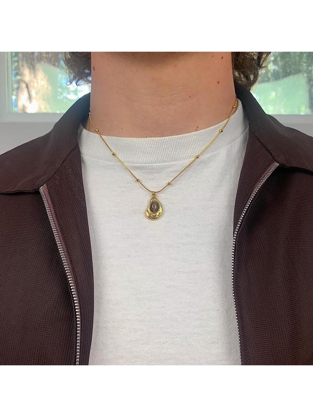 Minimalistic Vintage Style Tiger Eye Stone Gold plated stainless steel necklace - Picture 3 of 8